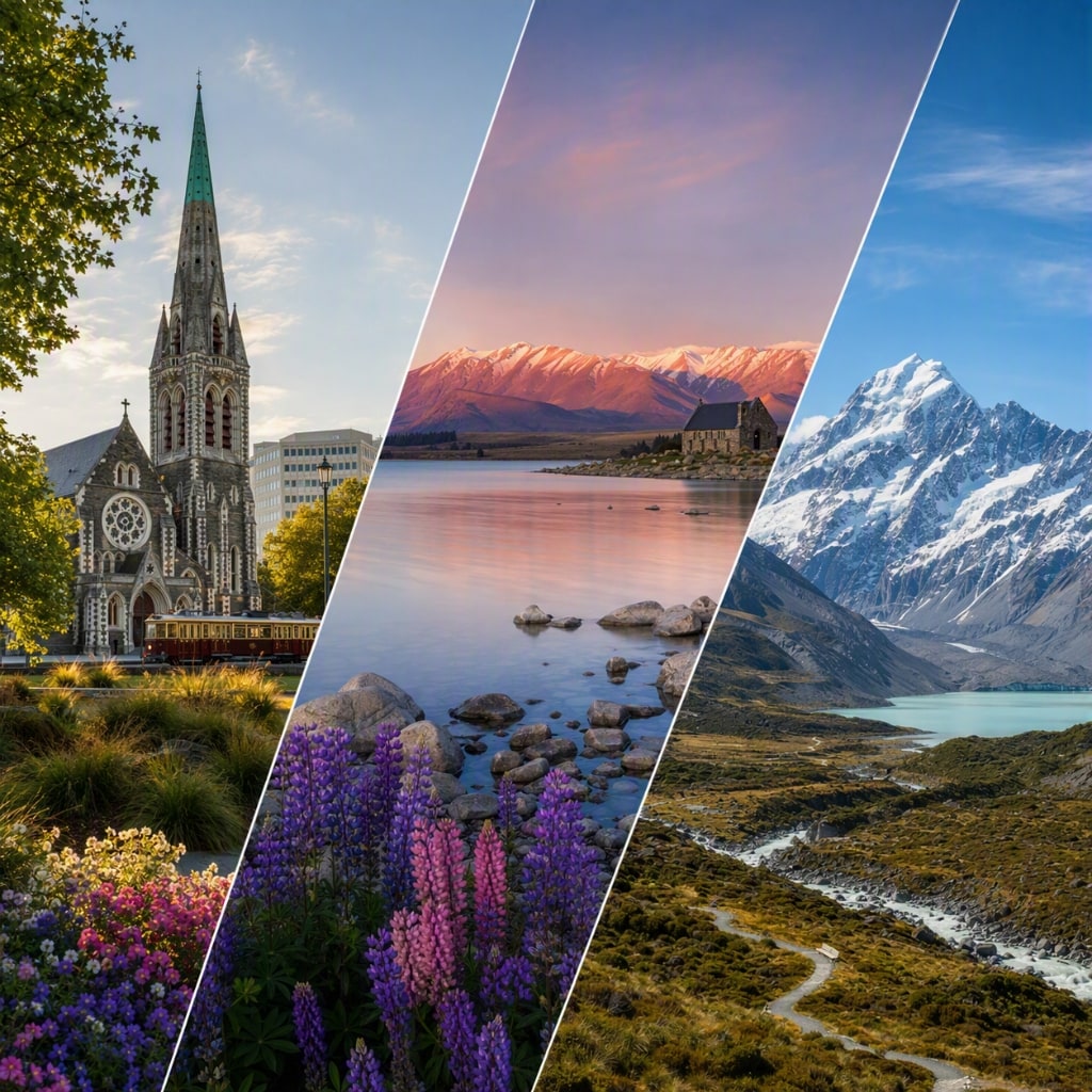 Scenic day tour journey from Timaru to Lake Tekapo and Aoraki Mount Cook showcasing Church of the Good Shepherd with purple lupins, and snow-capped Mount Cook alpine peaks in New Zealand