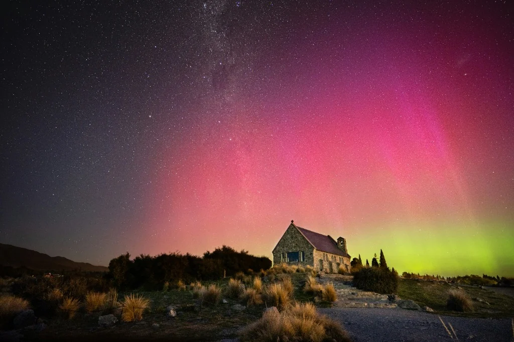 Church of the Good Shepherd under Southern Lights Aurora Australis at Lake Tekapo