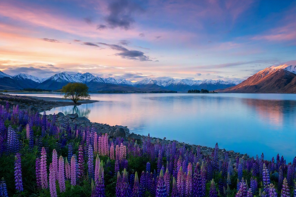 Lake Tekapo with blooming purple lupins and snow-capped Southern Alps at sunset, New Zealand